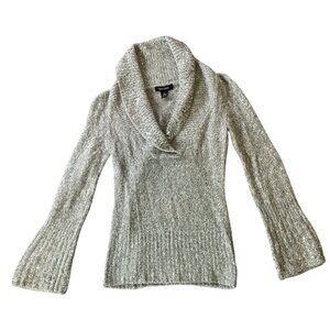 White House Black Market Gray Cowl Neck Sweater Bell Sleeves Sequin Accents XS